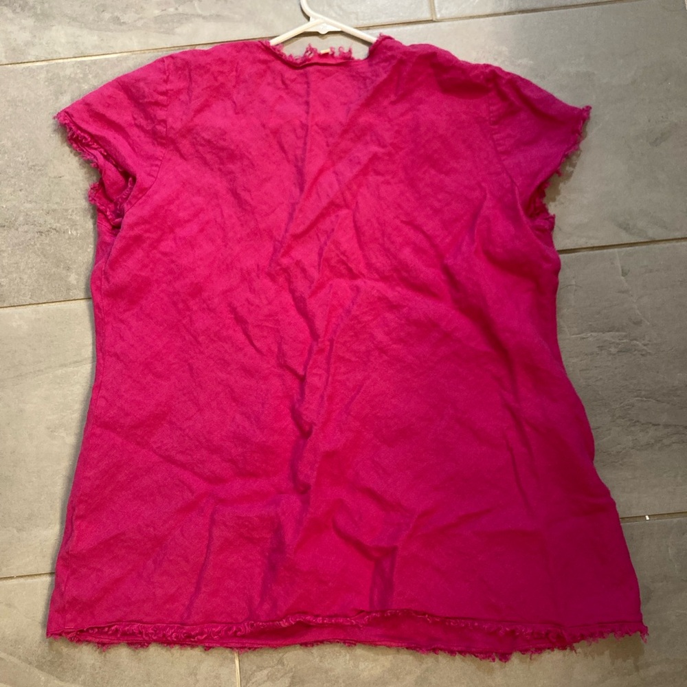 Eileen Fisher Raw Hem Irish Linen Short Sleeve Pink V neck button blouse XL - Picture 2 of 6